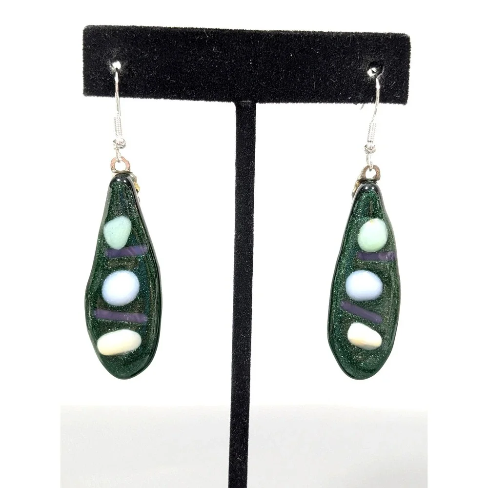 Handmade Fused Glass Green Blue Teardrop Dangle Earrings Artisan